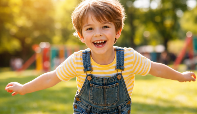 Gülen çocuk parkta koşuyor